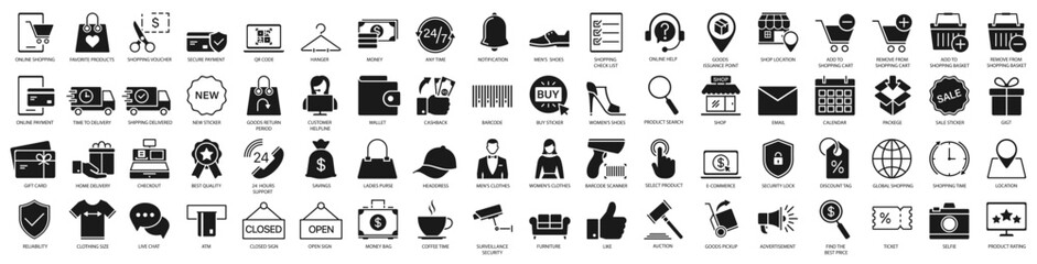 Wall Mural - E-commerce shopping icons set. Online shopping icons set and payment elements. Vector illustration