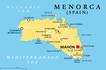  Menorca, or Minorca, political map, with capital Mahon or Port Mahon, official Mao. Island of the autonomous community of the Balearic Islands, located in the Mediterranean Sea, and part of Spain.