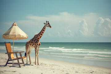Wall Mural - A giraffe relaxing on a beach on a summer vacation. Generative ai