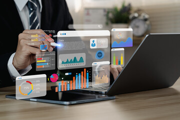 KPI and metrics connected to the database for technology finance, operations, sales, marketing. An analyst uses a computer and dashboard for data business analysis and Data Management System