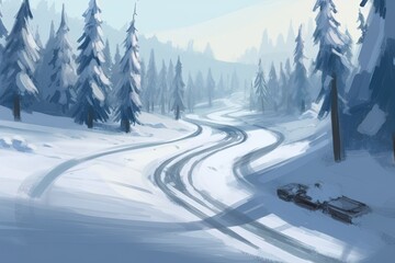 Poster - car driving on a snowy road with trees and mountains in the background. Generative AI