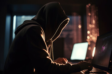 shot of a hooded hacker hacking into a computer from his hiding place. Generative AI