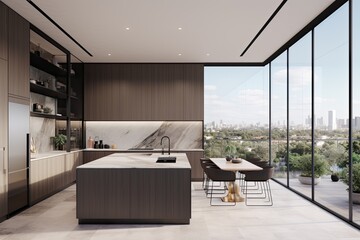 Sticker - contemporary kitchen with panoramic city views through a large window. Generative AI