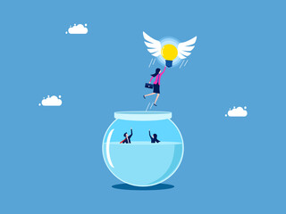 Concept of freedom and discovery concept. Businesswoman flying with a light bulb coming out of a fishbowl vector