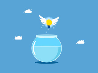 Freelance concept. Light bulb floats out of a fish tank. business concept vector