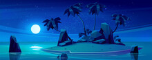 Uninhabited Tiny Tropical Isle Vector Landscape At Night. Dark Small Island With Palm Tree, Rock And Sand Beach Concept With Dark Starry Sky And Full Moon Light Cartoon Background. Calm Ocean Water