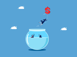 Wall Mural - Independent life with money. Businesswoman floats with money balloons out of fishbowl vector