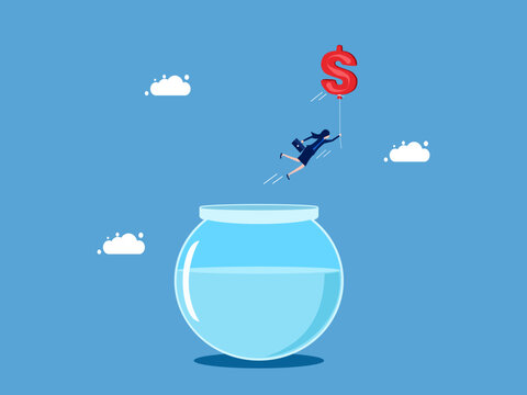Independent life with money. Businesswoman floats with money balloons out of fishbowl vector