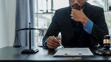 Wall Mural - Portrait of successful mixed race asian indian chinese handsome businessman lawyer closes the deal with the client concepts of law, advice, legal services.