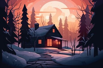 Canvas Print - Cozy cabin nestled in the heart of a snowy forest, with smoke curling from the chimney and a warm glow emanating from the windows as night falls. Generative AI