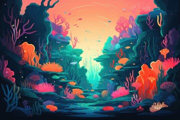 Wall Mural - Underwater paradise teeming with life, with brightly colored fish and corals, and shafts of sunlight piercing the depths in a mesmerizing display. Generative AI