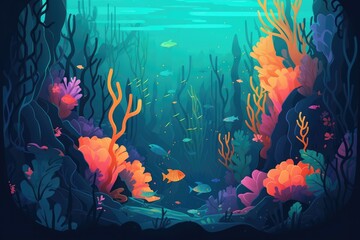 Wall Mural - Underwater paradise teeming with life, with brightly colored fish and corals, and shafts of sunlight piercing the depths in a mesmerizing display. Generative AI
