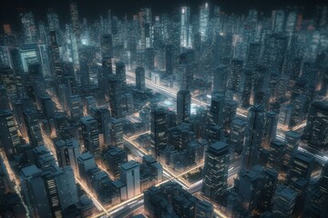 A futuristic metropolis of towering pixelated buildings. Generative AI