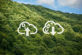 Fototapeta Kwiaty - wymiana dwutlenku węgla na tlen. Zdjęcie symboli CO2 i O2 w chmurze z oznaczeniem kierunku wymiany na tle gór porośniętych lasem.