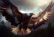 A pair of majestic eagle wings spread wide, soaring through the clouds. Generative AI technology.