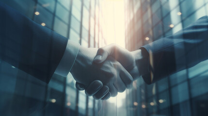 Double exposure of hands-shaking businessmen, double exposure, corporate concept, business