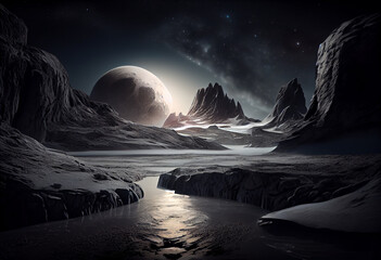 Poster - A dark and mysterious landscape that resembles the surface of Pluto Generative AI technology.