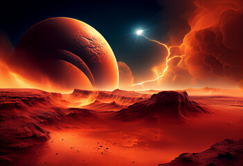 Fototapete - A fiery, red planet with a swirling dust storm that resembles the surface of Mars. Generative AI technology.