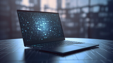 A concept of data and technology laptop showing abstract tech screen placed on tech background