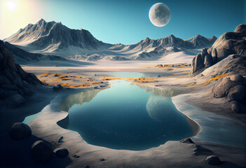 Fototapete - A serene and peaceful landscape that resembles the craters and valleys on the Moon. Generative AI technology.