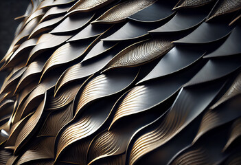 Poster - A complex, multi-layered pattern of interlocking shapes that resembles a dragon's scale armor. Generative AI technology.
