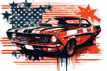 american muscle car, silhouette 60s, american flag , illustration for tshirt design, ai generative