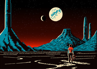 Wall Mural - Landscape with human looking at horizon with mountains, sci-fi scene on far plane with moonst. Retro futuristic landscape in 80s atomic era style.