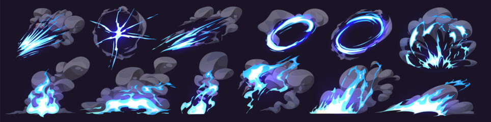 cartoon set of smoke clouds with neon blue lightning effect isolated on black background. vector ill