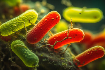 An illustration of a macro shot of long yellow and red floating bacteria and viruses on a surface, Generative AI