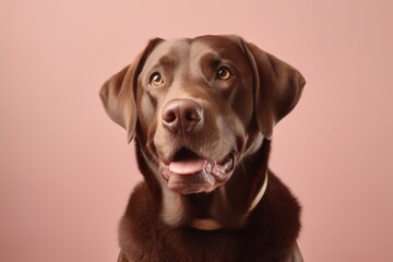 Wall Mural - Lifestyle portrait photography of a happy labrador retriever sitting against a pastel or soft colors background. With generative AI technology