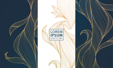 Set of vector design elements labels, frames, wedding invitations, social net stories, packaging, luxury products, perfume, soap, wine. Line golden backgrounds, floral patterns with leaves
