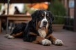 Full-length portrait photography of a happy bernese mountain dog relaxing at a cafe against local parks and playgrounds background. With generative AI technology