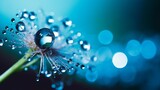 Fototapeta Łazienka - Transparent drops of water on a dandelion macro flower. Sparkling droplets water. Beautiful bright blue background..Generative AI
