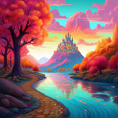 a beautiful colorful landscape illustration with a castle on the mountain. Fairy tale. A castle on the mountain. Crystal clear lake, long fields, mountains.