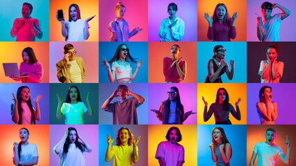 Collage made of portraits of diverse young people with gadgets and astonished faces over multicolor background in neon light. Concept of human emotions, youth, lifestyle, facial expression. Ad