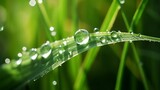Fototapeta Dziecięca - Spring summer, juicy green grass in drops of morning dew rain water close-up macro in the sunlight on a bright background..Generative AI
