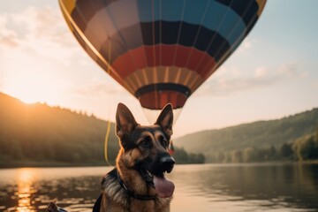 Medium shot portrait photography of a happy german shepherd being in a hot air balloon against lakes and rivers background. With generative AI technology