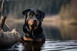 Full-length portrait photography of a curious rottweiler biting a bone against lakes and rivers background. With generative AI technology