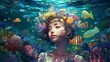© Ameer - a girl swimming underwater, smile, colorful colors, surrounded by colorful sea creatures and plants, in a realistic hyper detailed render style, mermaid in the water, Generative AI