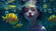 a girl swimming underwater, smile, colorful colors, surrounded by colorful sea creatures and plants, in a realistic hyper detailed render style, mermaid in the water, Generative AI