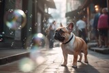 Fototapeta Uliczki - Environmental portrait photography of a happy french bulldog playing with bubbles against urban streets and alleys background. With generative AI technology