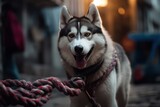 Fototapeta Uliczki - Medium shot portrait photography of a happy siberian husky playing with a rope toy against urban streets and alleys background. With generative AI technology