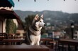 Full-length portrait photography of a curious siberian husky being on a mountain peak against dog-friendly cafes and restaurants background. With generative AI technology