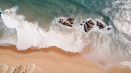 Wall Mural - breathtaking drone view of the coast with waves, blue sea and creating a captivating summer travel