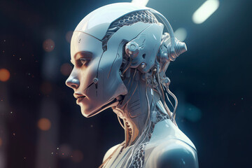 3d rendering of a female robot isolated on black background. Futuristic artificial intelligence.