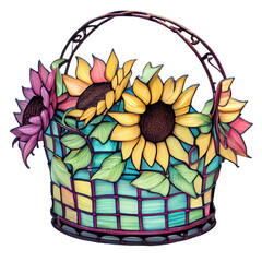 Wall Mural - beautiful stained glass sunflower basket isolated on a transparent background