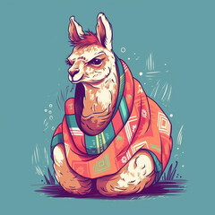 quirky llama with a colorful blanket on its back, always ready to spit some humor ai generated