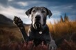 Environmental portrait photography of a bored great dane giving the paw against tundra landscapes background. With generative AI technology