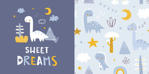 Wall Mural - seamless pattern collection with sleeping dino. scandinavian prints set with cute dinosaurs for kids