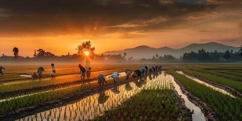 Wall Mural - asian rice farmers, sunset landscape, generative ai